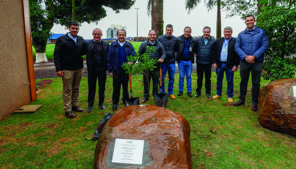Diretoria da Coamo reunida em um gramado para o plantio de uma &aacute;rvore, em frente a uma grande pedra com placa comemorativa.