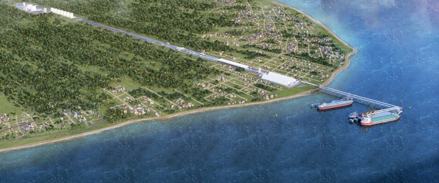 Ilustra&ccedil;&atilde;o do projeto do novo terminal portu&aacute;rio da Coamo em Itapo&aacute;, com p&iacute;eres avan&ccedil;ando sobre o mar e estruturas de armazenamento em terra.