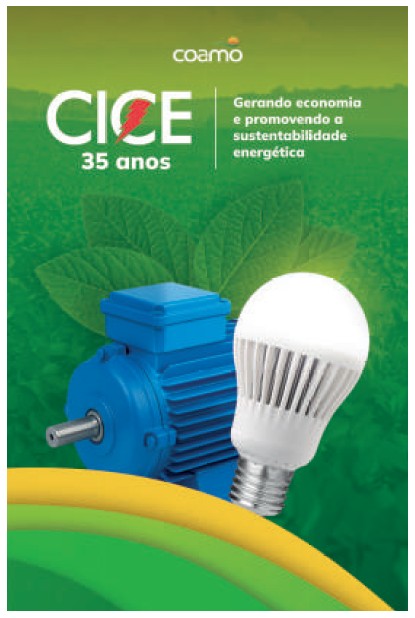 Selo CICE 35 anos. Gerando economia e promovendo a sustentabilidade energ&eacute;tica. A imagem cont&eacute;m um motor el&eacute;trico e uma l&acirc;mpada LED.